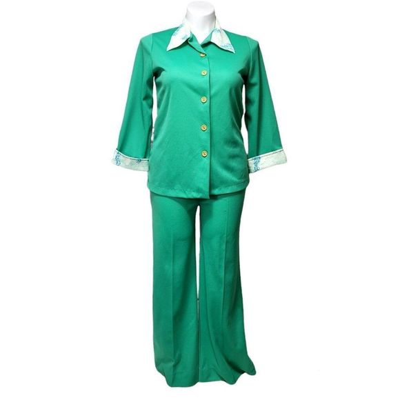 Vintage 70s Sears Fashions Womens L/XL Green Polyester Pant Leisure Suit 2pc Set